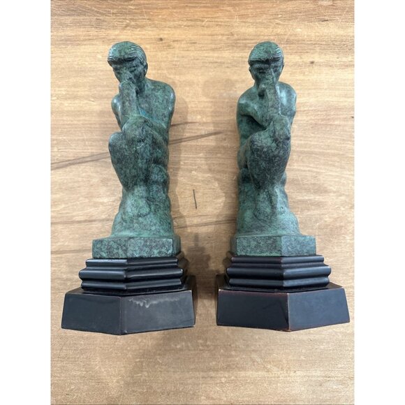 Rodin The Thinker Cast Metal Bookends Green Faux Verdigris Finish Vintage - Picture 11 of 12